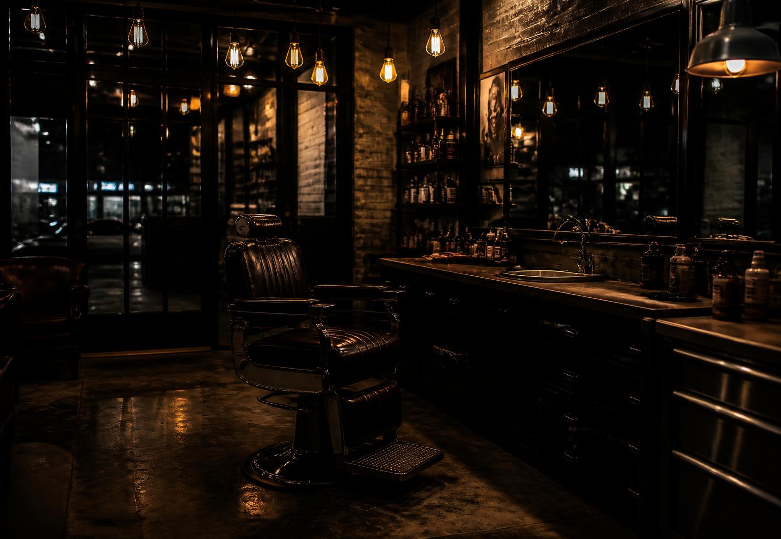 Het donkere interieur van Barber Atelier met leren barberstoel en warme lampen